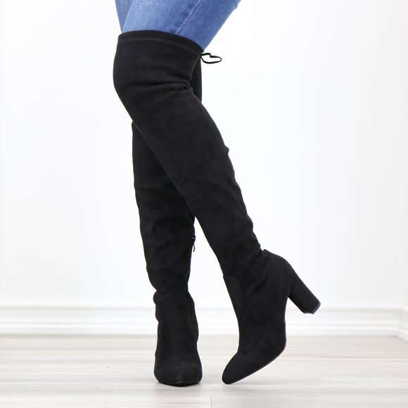 Pointy Toe Black Faux Suede Thigh High Over The Knee Block High Heel Boots - Picture 12 of 15